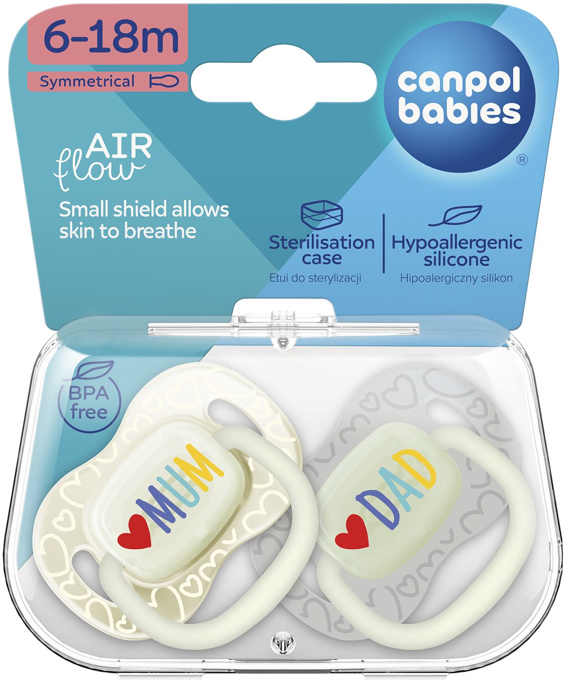 Canpol babies Cumlík svietiaci silikónový symetrický LOVE MUM&DAD 6-18m 2 ks