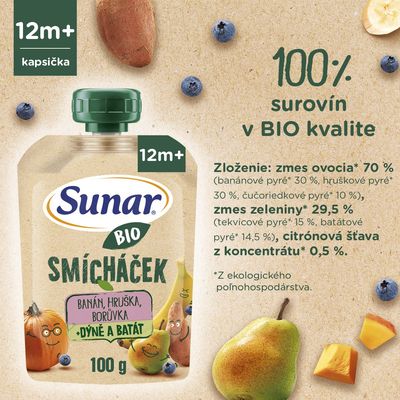 Sunar BIO ovocná kapsička Smícháček banán, hruška, tekvica, batáty a čučoriedky 100 g