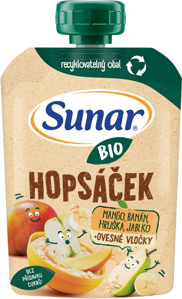 Sunar BIO ovocná kapsička Hopsáček mango, banán, hruška a ovsené vločky 100 g