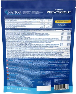 Natios Premium Preworkout bez kofeínu, Tropické ovocie 420 g
