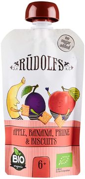 Rudolfs BIO vrecko Jablko, banán, sušená slivka, sušienky od 6 mesiacov 110 g