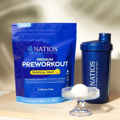 Natios Premium Preworkout bez kofeínu, Tropické ovocie 420 g