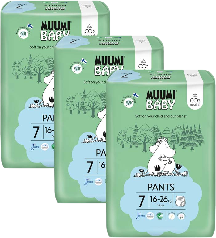 Muumi Baby Pants 7 XL 16-26 kg, mesačné balenie nohavičkových eko plienok, 102 ks