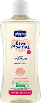 Chicco Olej masážny s bavlnou a vitamínom E Baby Moments Sensitive 74 % prírodných zložiek 200 ml