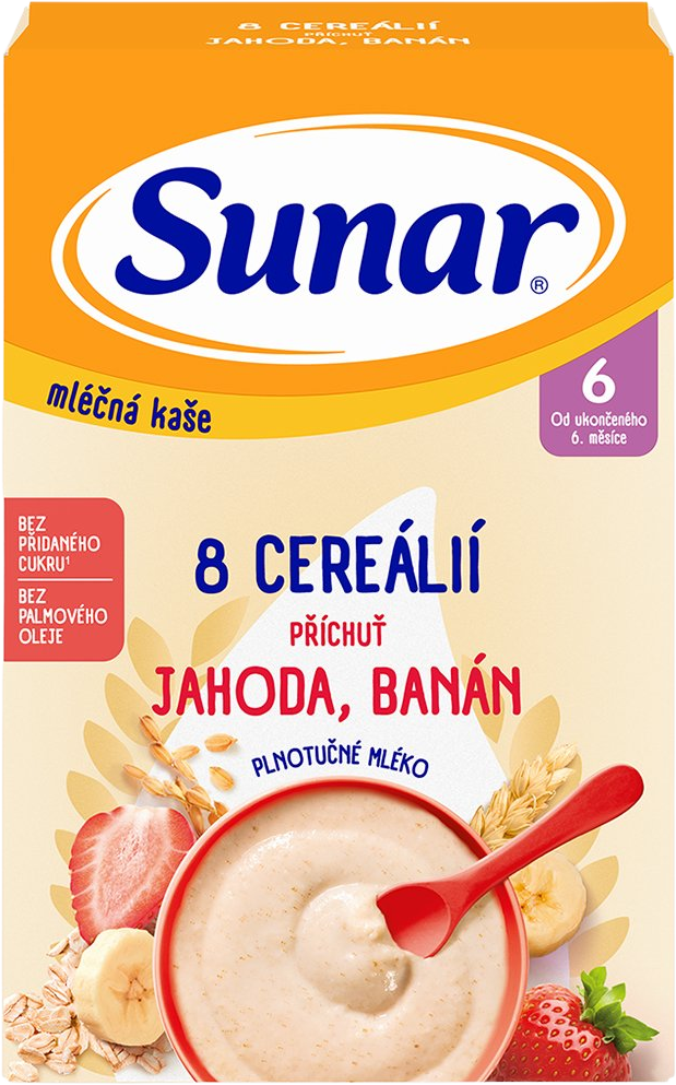 Sunar mliečna kaša s 8 cereáliami jahoda, banán 210 g