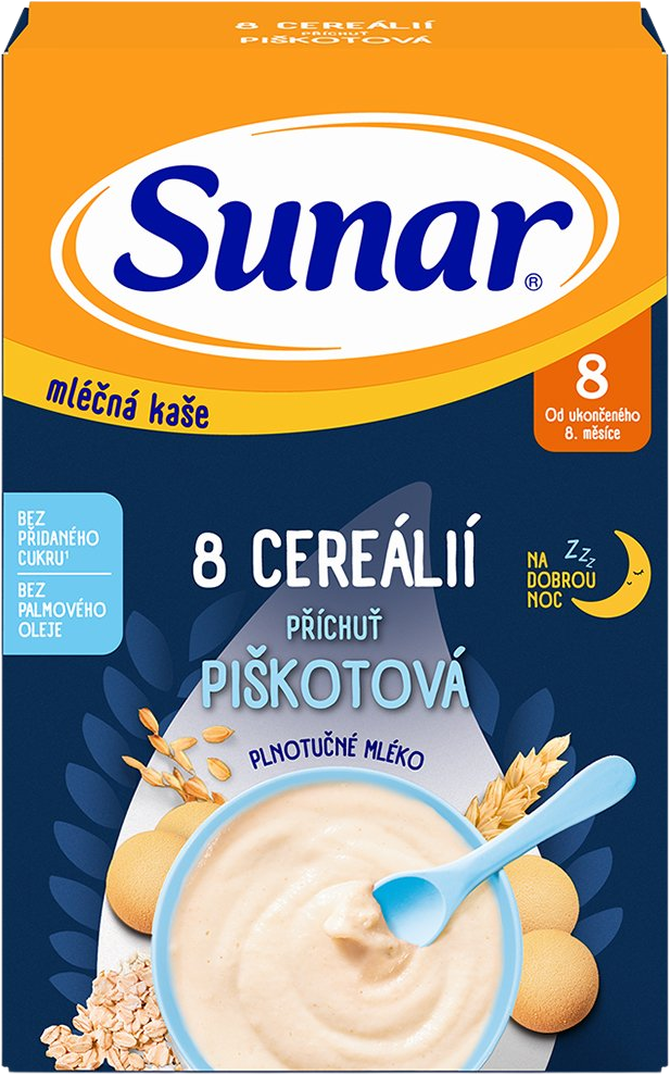 Sunar mliečna kaša s 8 cereáliami na dobrú noc piškótová 210 g