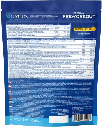 Natios Premium Preworkout bez kofeínu, Tropické ovocie 420 g