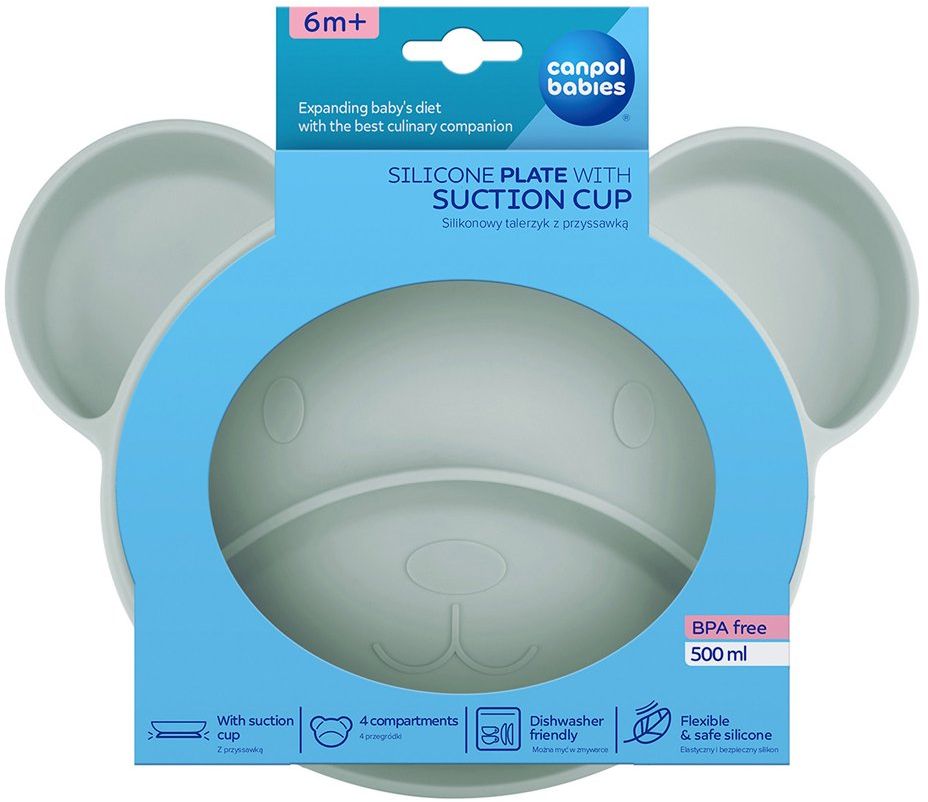 Canpol babies Tanier silikónový delený s prísavkou Medvedík zelený