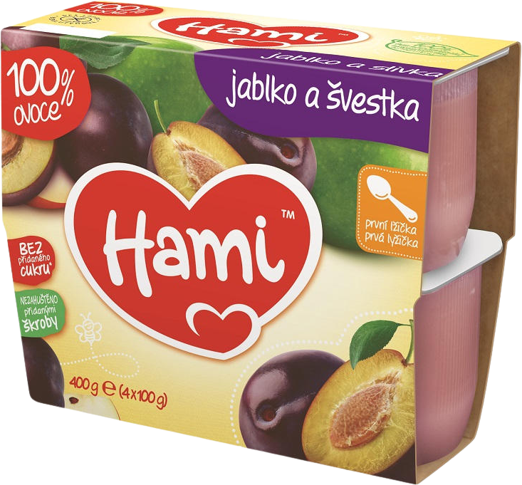 Hami Ovocný príkrm 100% ovocie Jablko a slivka prvá lyžička 4 x 100 g