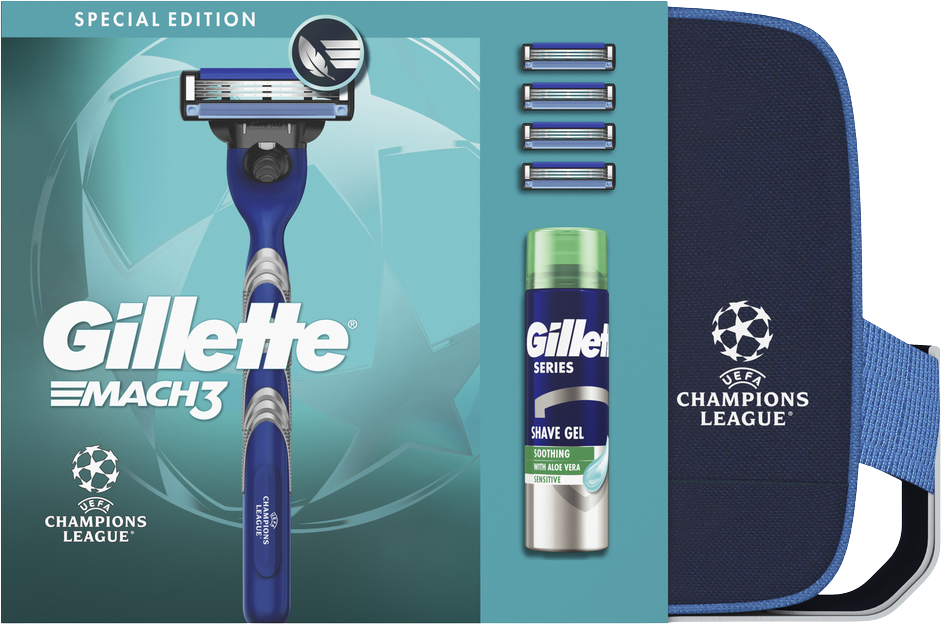 Gillette Mach3 Charcoal UEFA Champions League Special Edition, darčeková sada - Pánsky strojček, gél na holenie + taška