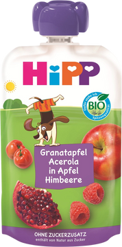 HiPP BIO Hippis 100% ovocie Jablko-Malina-Granátové jablko-Acerola 100 g