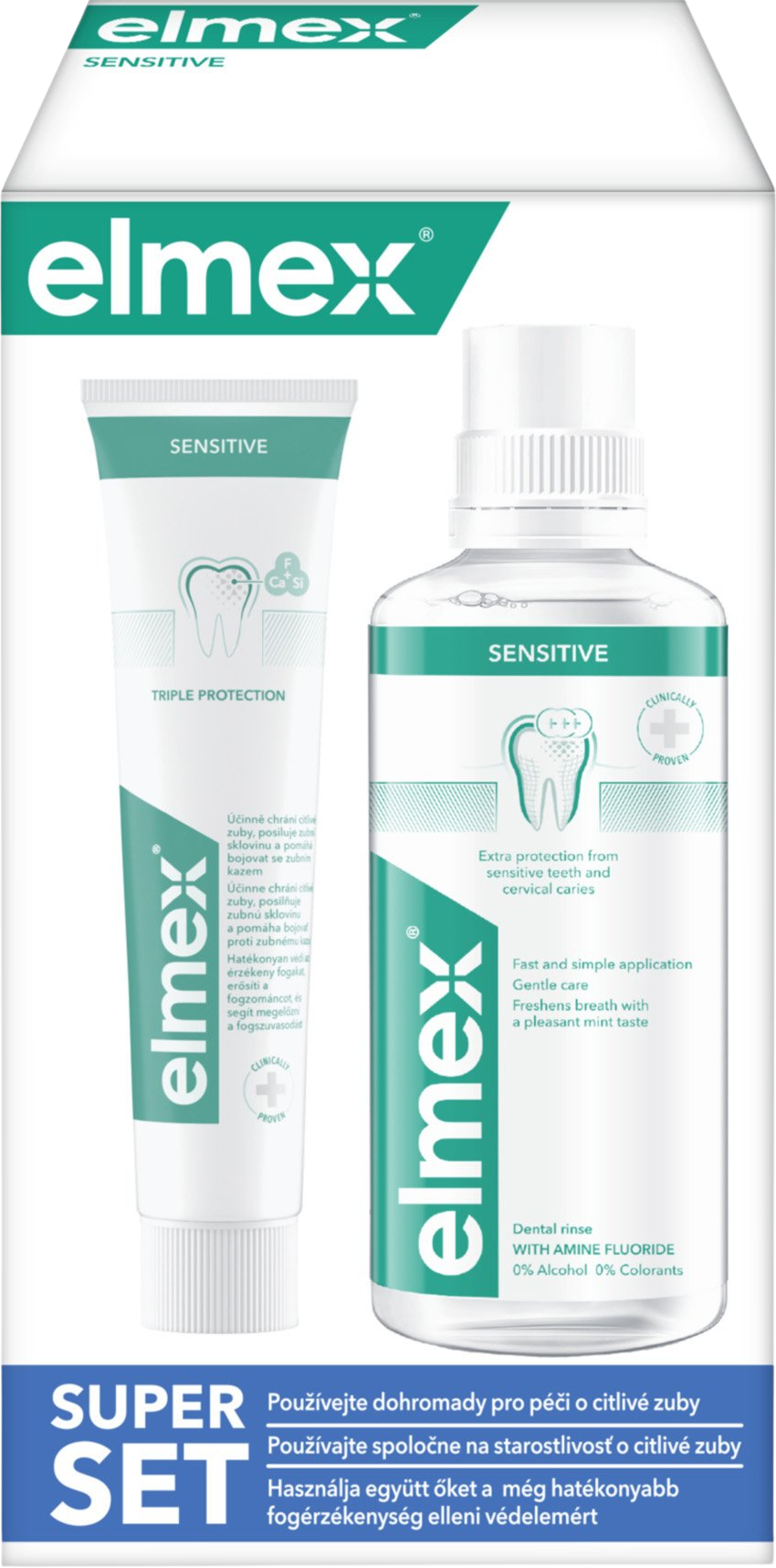 Elmex Sensitive Super set ústna voda 400 ml + zubná pasta 75 ml