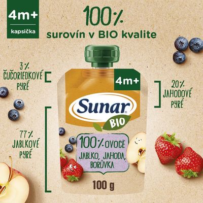 Sunar BIO ovocná kapsička jablko, jahoda, čučoriedka 4m+ 100 g