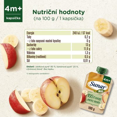 Sunar BIO ovocná kapsička jablko, banán 4m+ 100 g