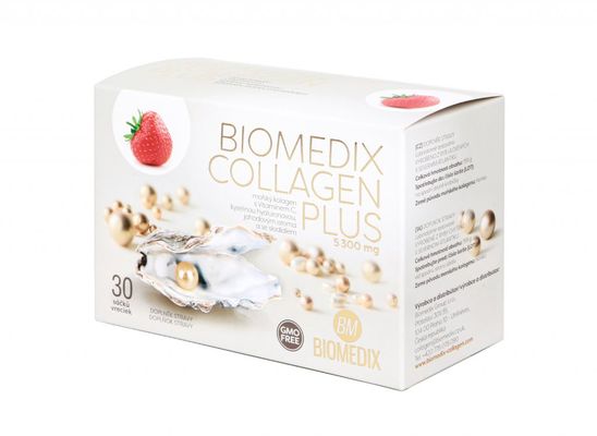 Biomedix Collagen plus - Morský kolagén s Vitamínom C, kyselinou hyalúronovou a jahodovou arómou 30 ks
