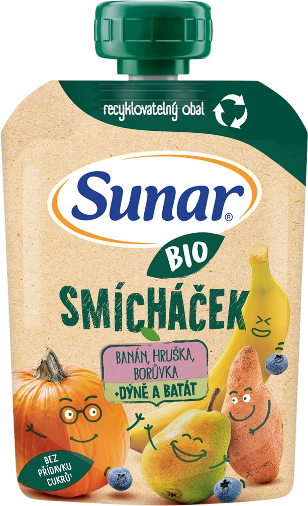 Sunar BIO ovocná kapsička Smícháček banán, hruška, tekvica, batáty a čučoriedky 100 g