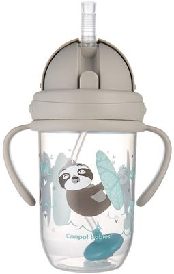 Canpol babies Exotic Animals nevylievací hrnček so slamkou a závažím sivý 270 ml