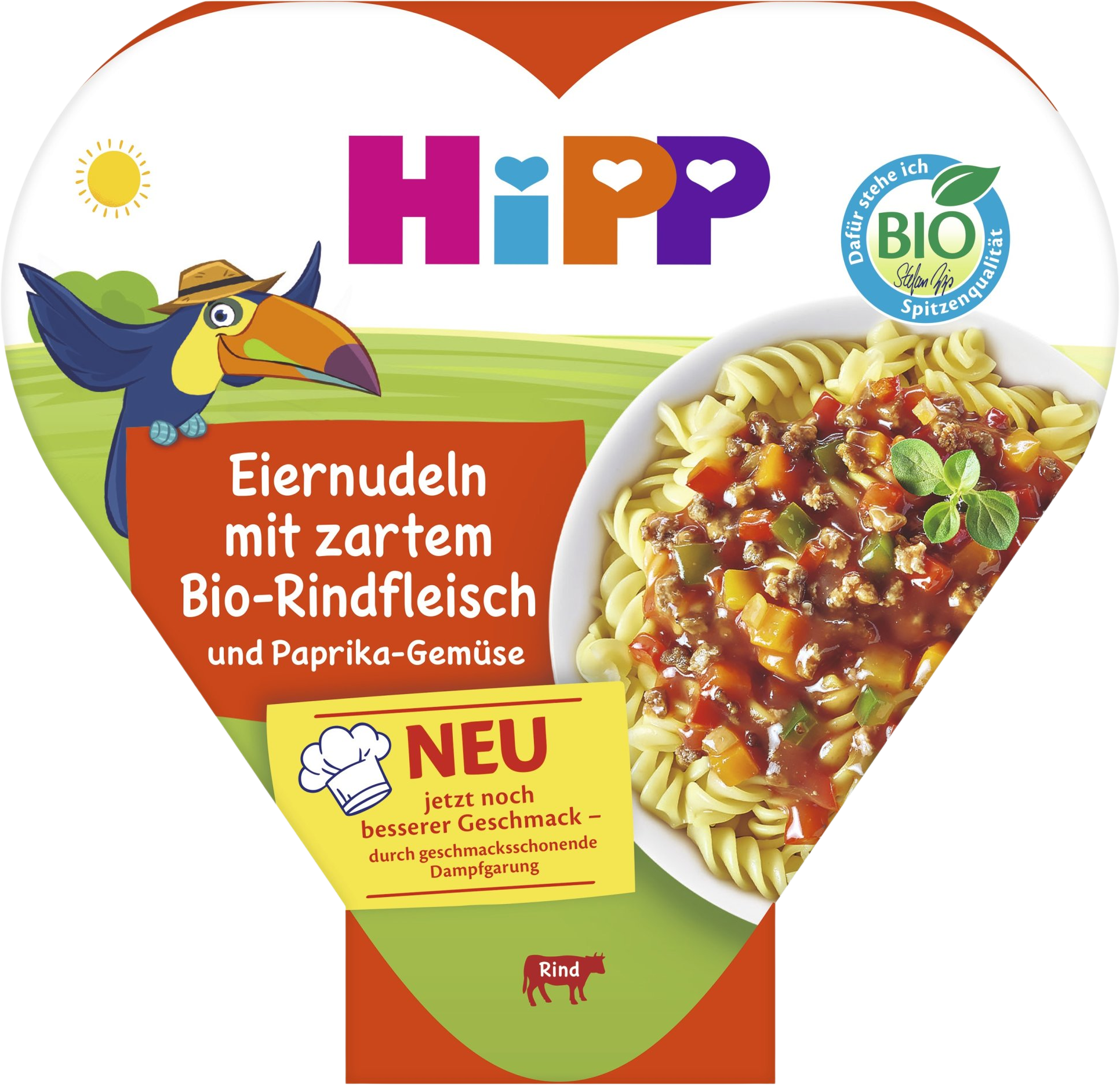 HiPP BIO príkrm Vaječné rezance so zeleninou a paprikou a jemným hovädzím mäsom 250 g