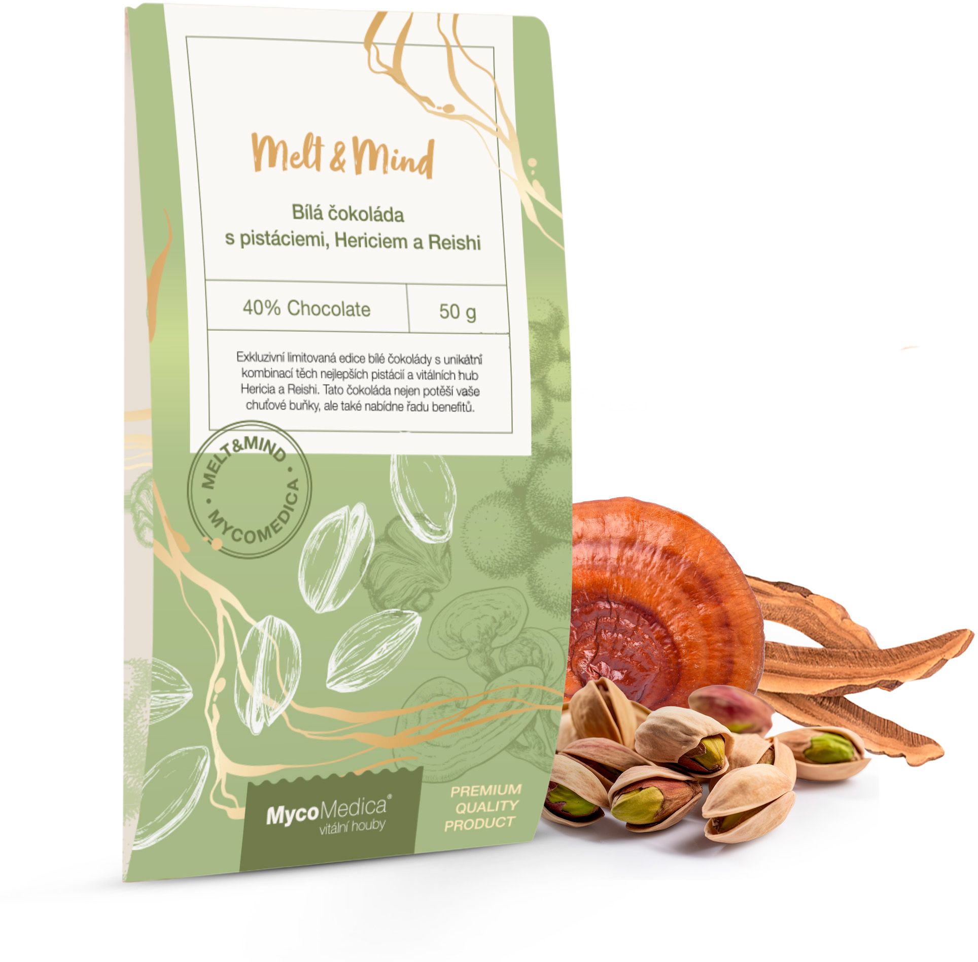MycoMedica Biela čokoláda s pistáciami, Hericiem a Reishi 50 g