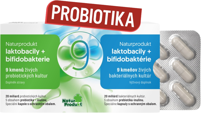 Naturprodukt Probiotiká. laktobacily + bifidobaktérie 9 kmeňov 15 tvrdých kapsúl