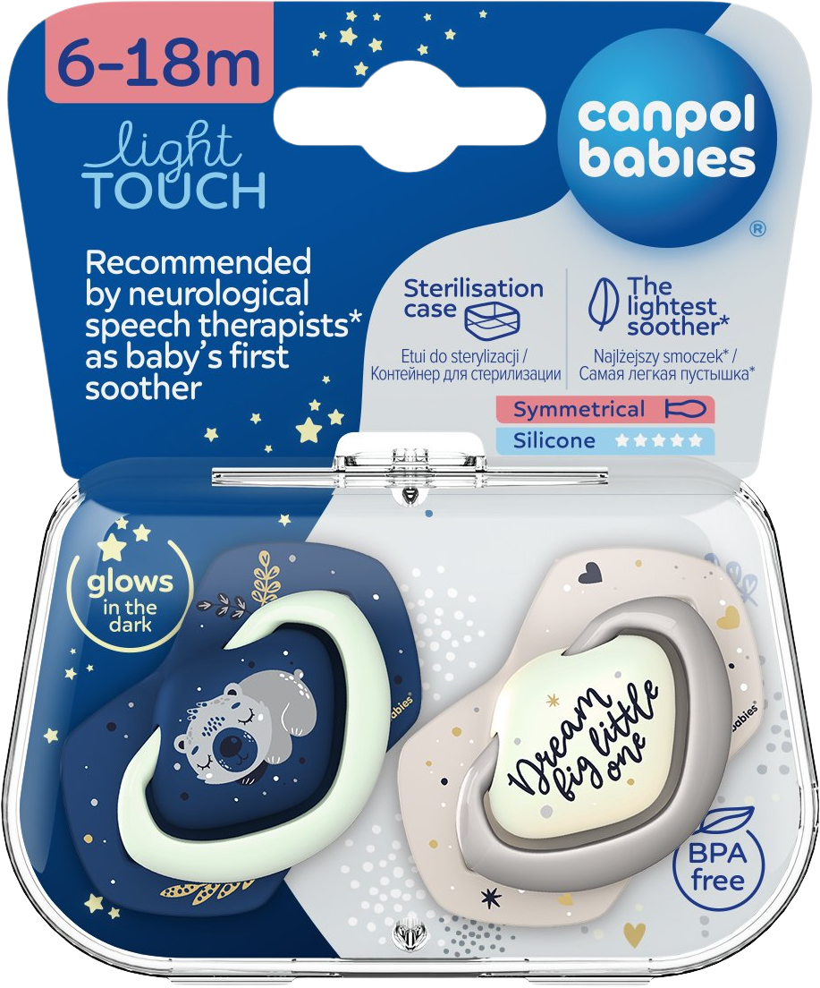 Canpol babies Sleepy Koala Set symetrických silikónových cumlíkov Light touch 6-18m modrý 2 ks