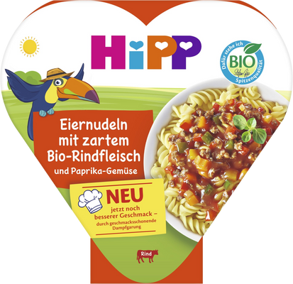 HiPP BIO príkrm Vaječné rezance so zeleninou a paprikou a jemným hovädzím mäsom 250 g