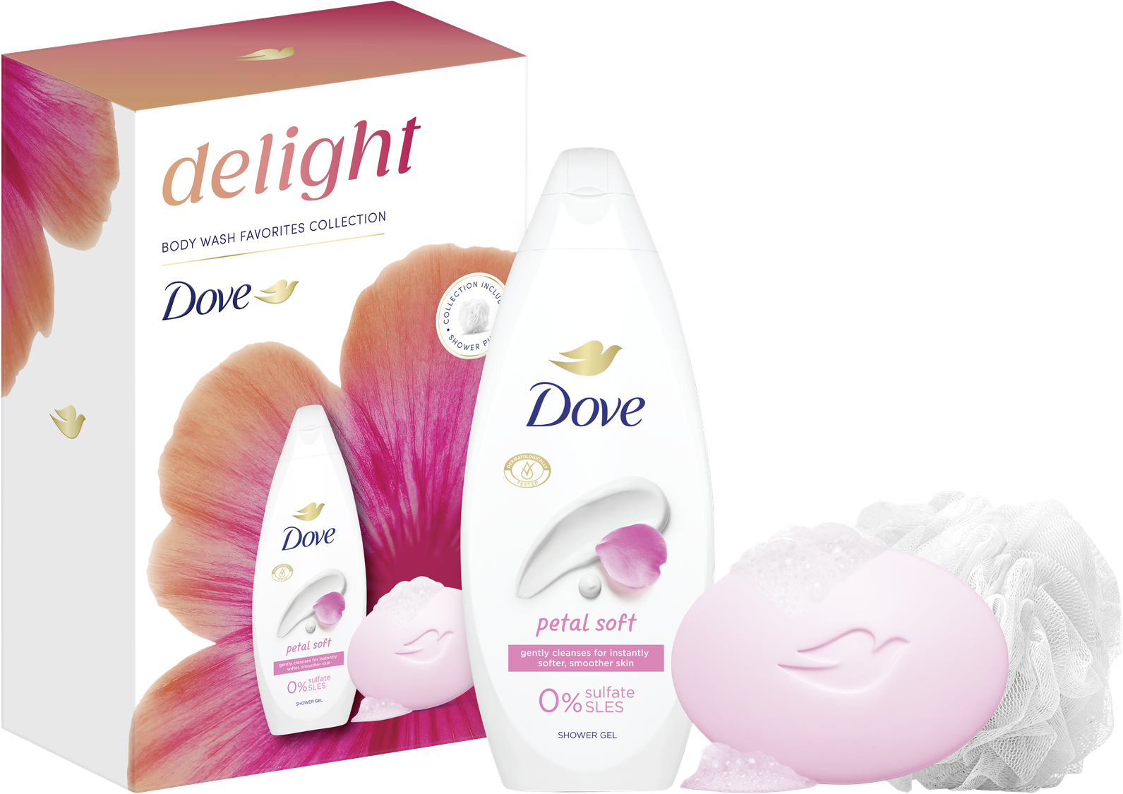 Dove Petal Soft kazeta so sprchovou hubkou