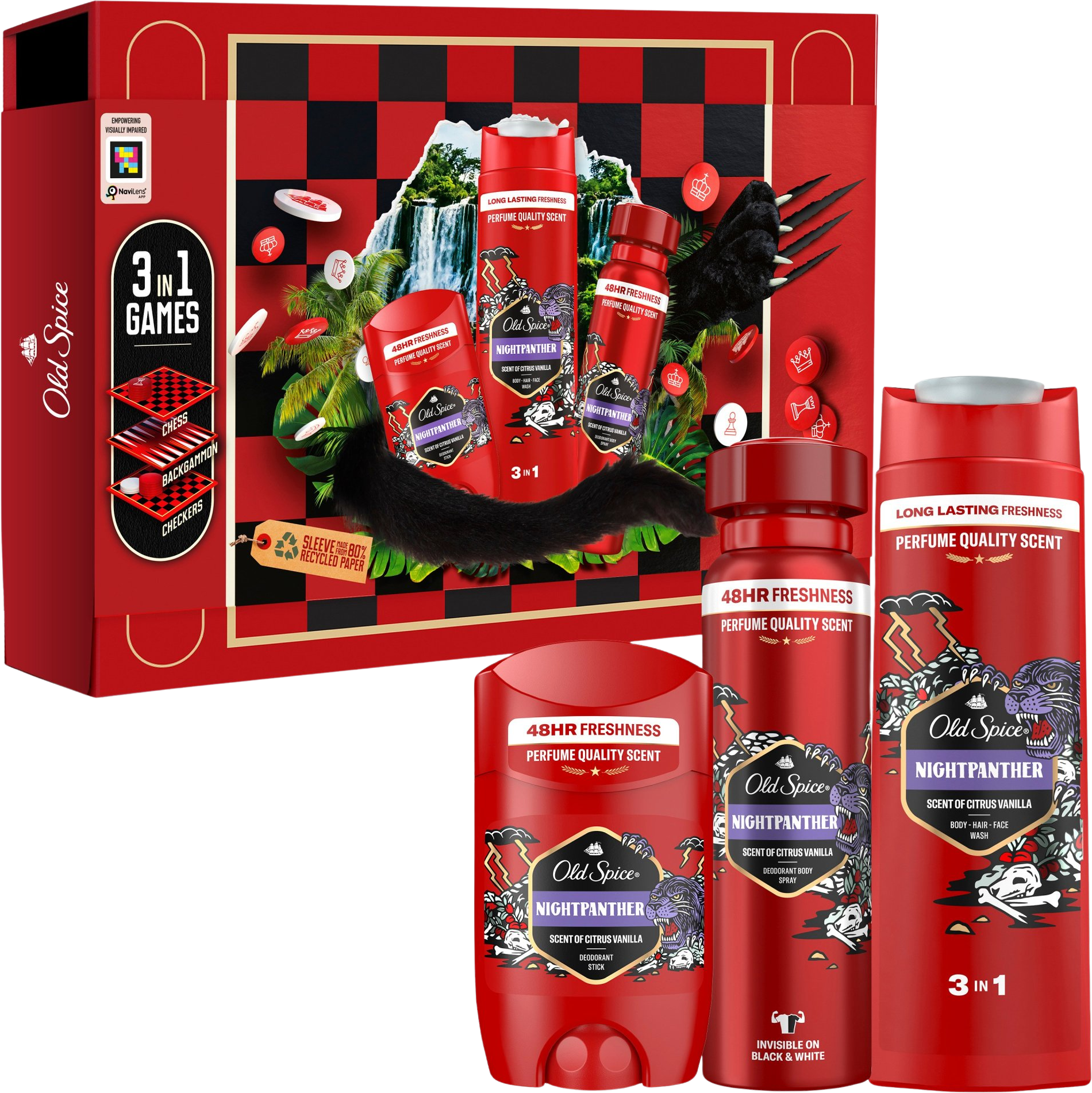 Old Spice Gamebox Night Panther s dezodorantom v spreji 150ml, tuhým dezodorantom 50ml a sprchovacím gélom 400ml