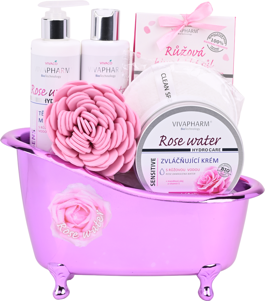 Vivaco Ros2501 Darčekové balenie rose water - sprchový gél + telové mlieko + himalájska soľ + zvláčňujúci krém + darček
