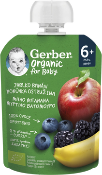 Gerber Organic vrecko jablko, banán, čučoriedka a černica 100% BIO 6m+ 90 g