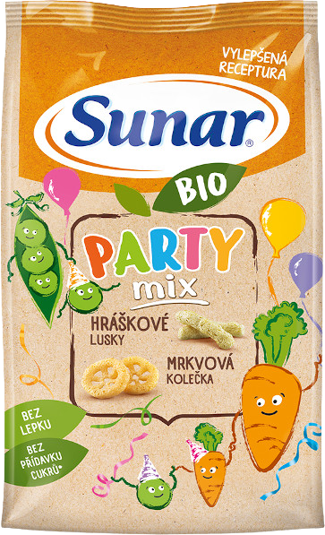 Sunar BIO Party mix, hráškové a mrkvové detské chrumky 45 g