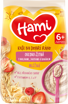 Hami Kaša mliečna ovseno-ražná s banánom, jahodami a malinami 210 g