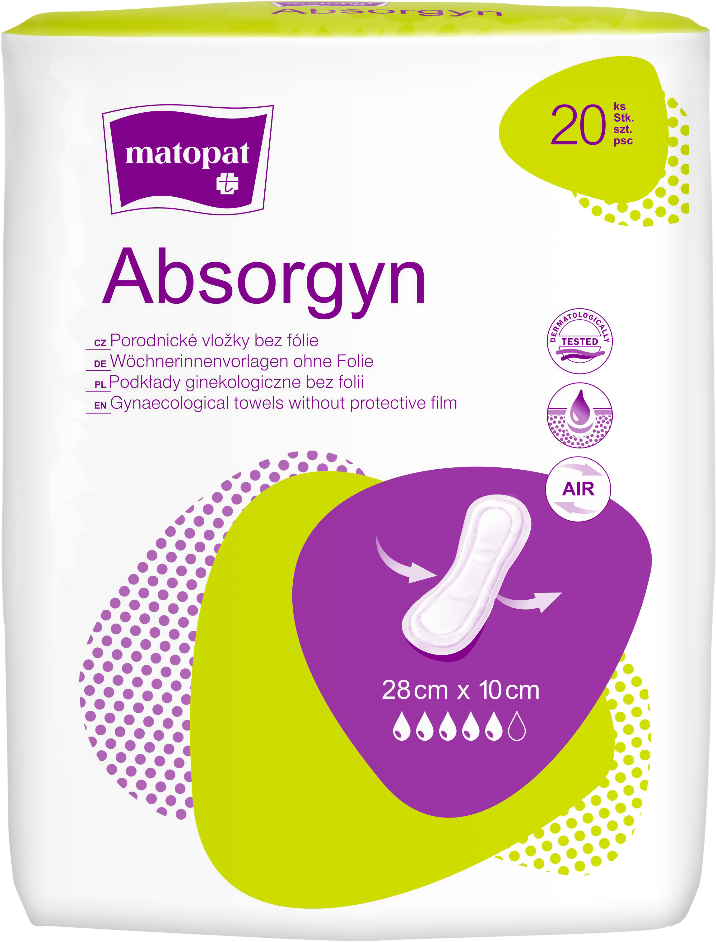 Absorgyn popôrodné gynekologické vložky bez fólie 28 cm x 10 cm, 20 ks