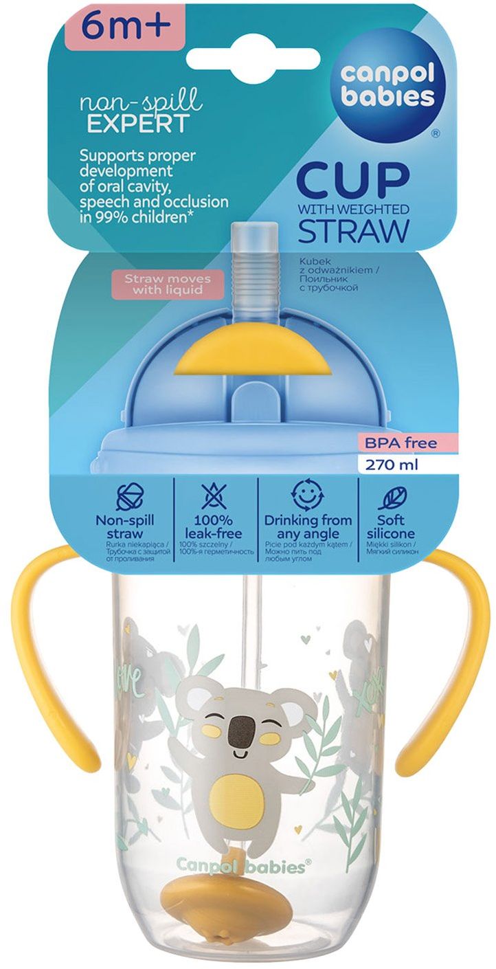 Canpol babies Exotic Animals nevylievací hrnček so slamkou a závažím žltý 270 ml