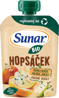 Sunar BIO ovocná kapsička Hopsáček mango, banán, hruška a ovsené vločky 100 g