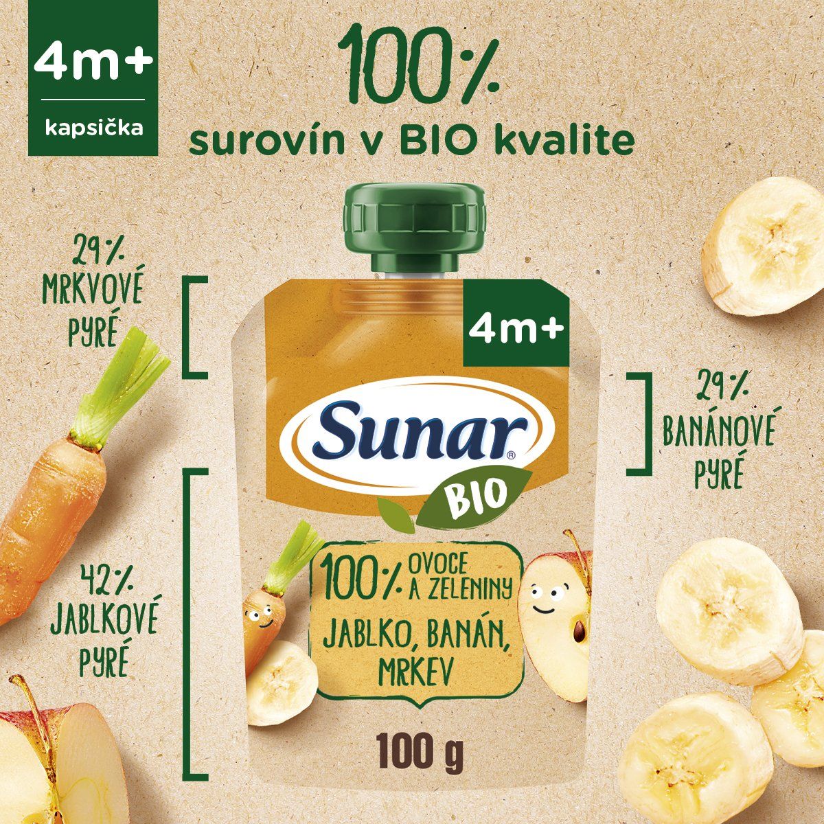 Sunar BIO ovocná kapsička jablko, banán, mrkva 4m+ 100 g
