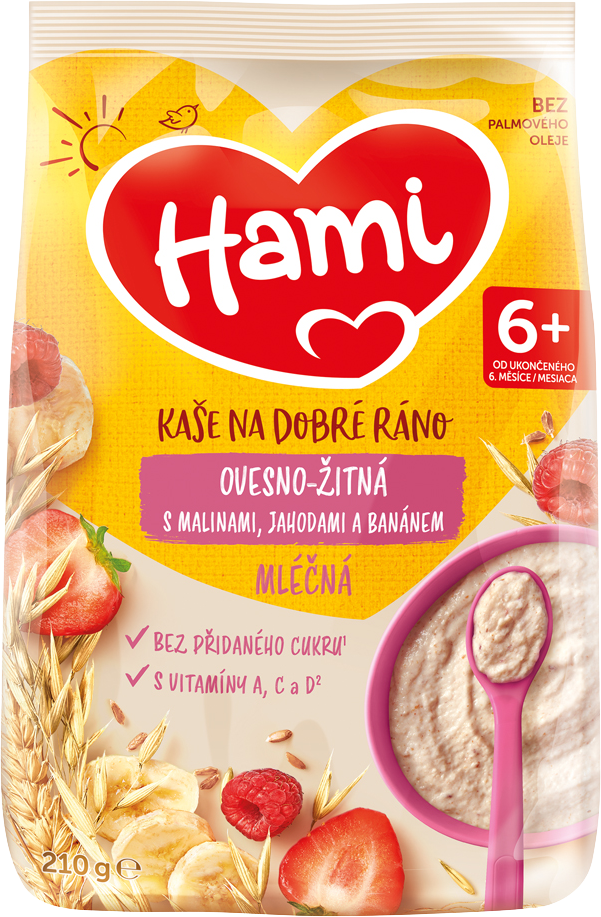 Hami Kaša mliečna ovseno-ražná s banánom, jahodami a malinami 210 g