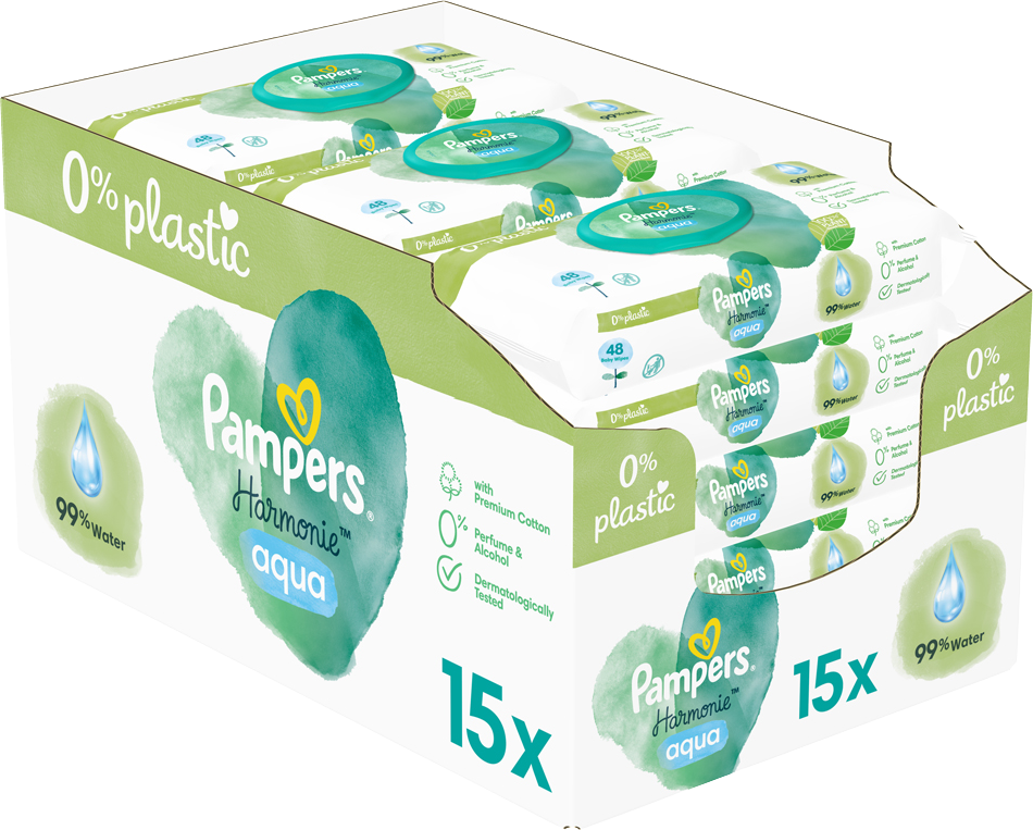 Pampers Harmonie Aqua Plastic Free Vlhčené obrúsky 15 x 48 ks