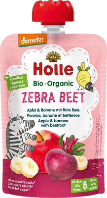 Holle Zebra Bee Bio ovocné pyré jablko, banán a červená repa vslovenčine znie: Zebra Bee Bio ovocné pyré jablko, banán a červe 100 g