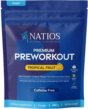 Natios Premium Preworkout bez kofeínu, Tropické ovocie 420 g
