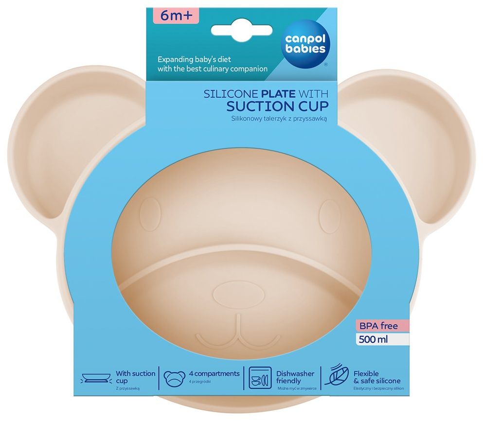 Canpol babies Tanier silikónový delený s prísavkou Medvedík krémový