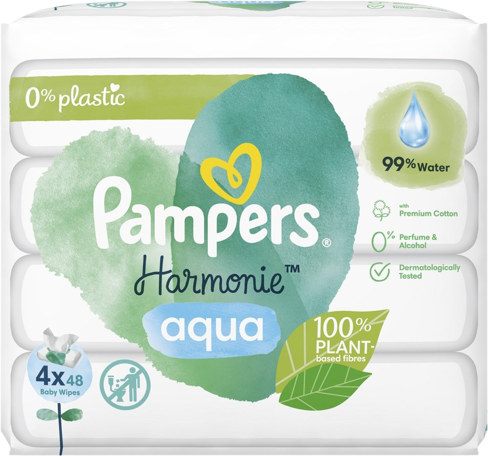 Pampers Harmonie Aqua vlhčené obrúsky Plastic Free 4 x 48 ks