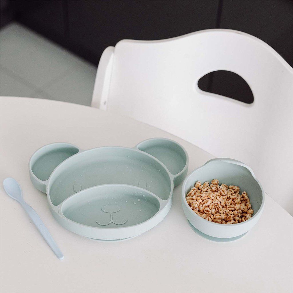 Canpol babies Tanier silikónový delený s prísavkou Medvedík zelený