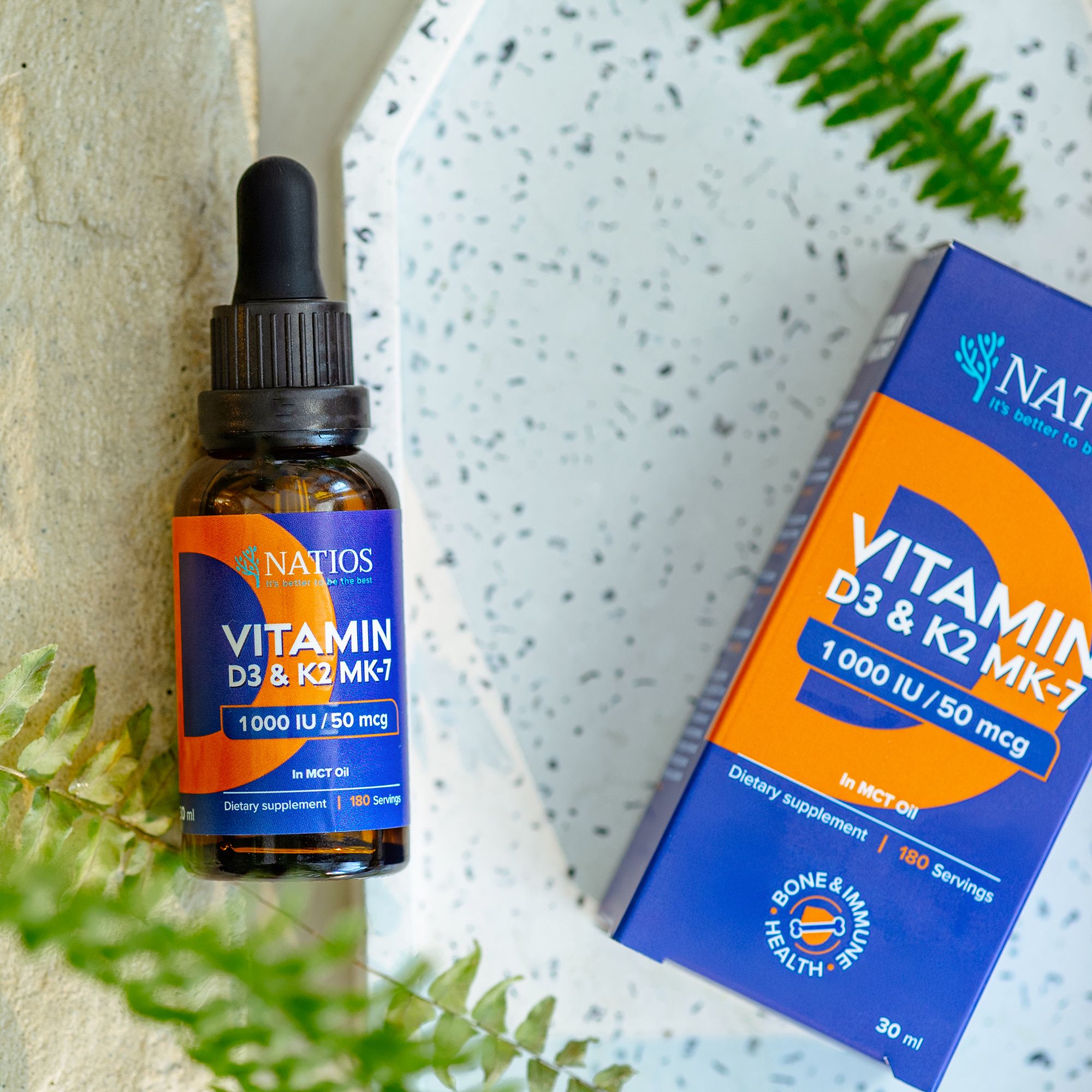 Natios Vegán Vitamín D3 & K2 (MK-7), 1000 IU & 50 mcg, Kvapky v MCT oleji 30 ml
