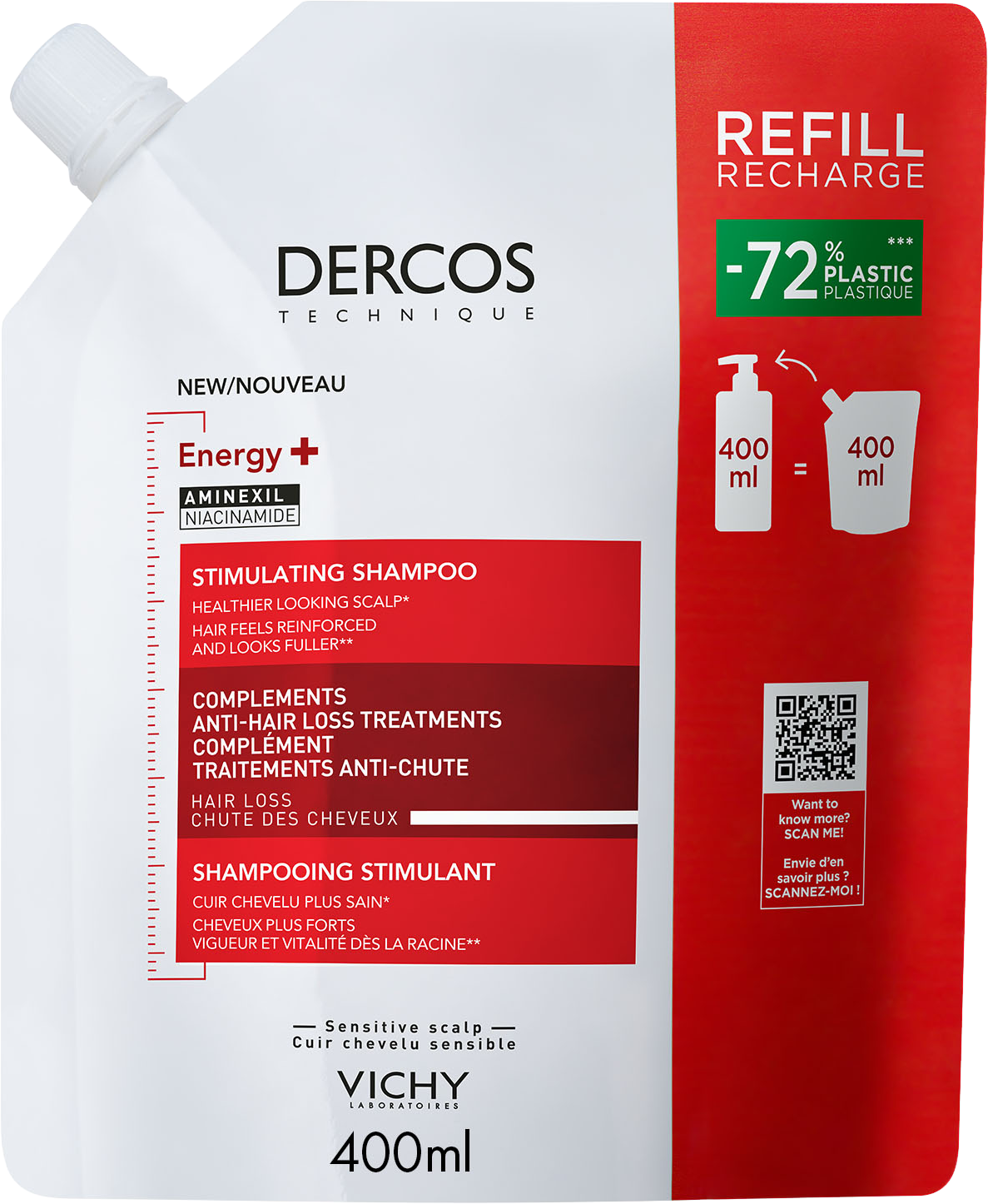 Vichy DERCOS Energy+ Stimulačný šampón proti vypadávaniu vlasov - náhradná náplň 400 ml