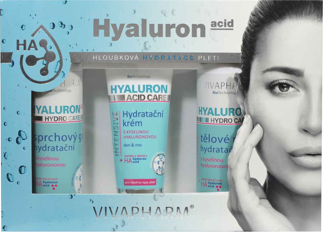 VivaPharm Darčeková kazeta Hyaluron - telové mlieko 200ml + sprchový gél 200ml + pleťový krém tuba 100ml