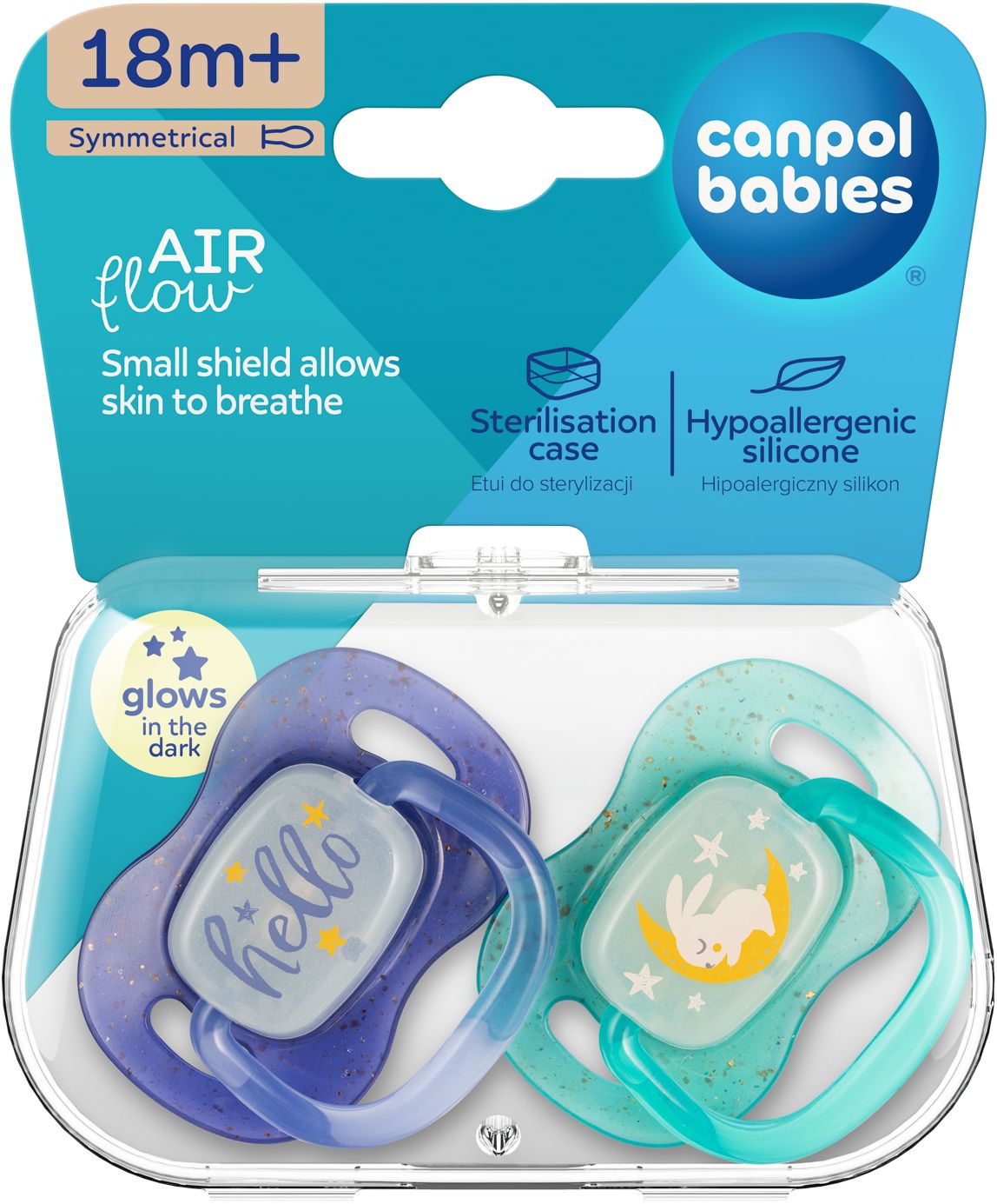 Canpol babies Cumlík svietiaci silikónový simetrický NIGHTGLOW 18m+ chlapec 2 ks