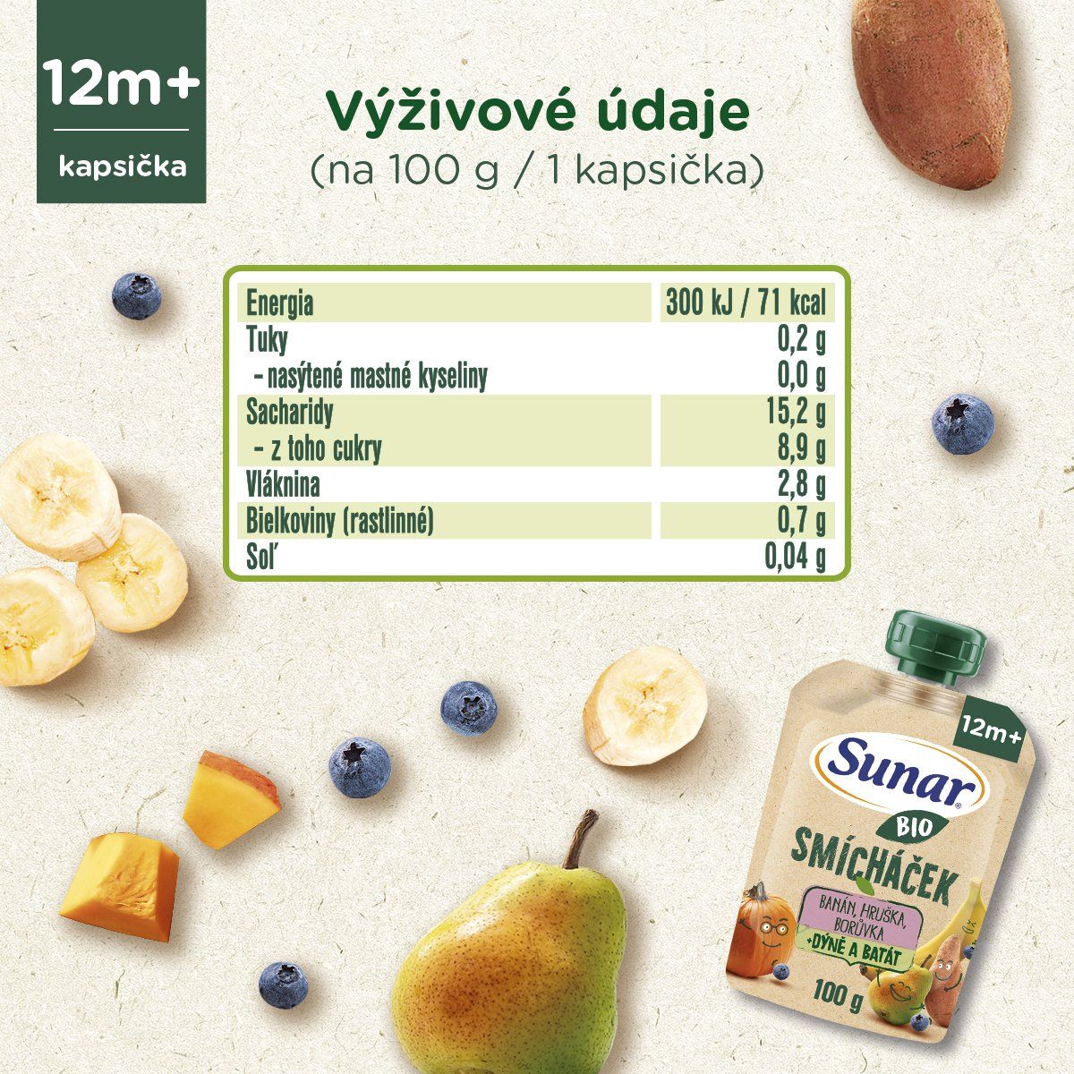Sunar BIO ovocná kapsička Smícháček banán, hruška, tekvica, batáty a čučoriedky 100 g