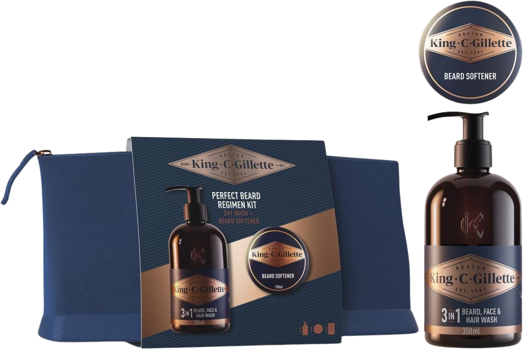 Gillette King C. darčeková taška 3v1 umývací prostriedok na fúzy, tvár a vlasy 350 ml + balzam na fúzy 100 ml