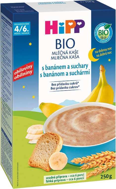 HiPP BIO Kaša mliečna na dobrú noc s banánom a suchármi od uk. 4.-6. mesiaca 250 g